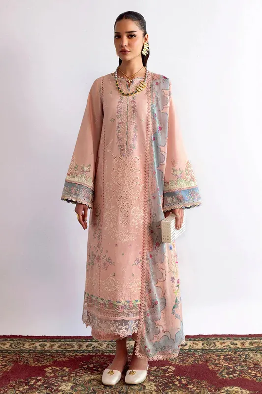 Qalamkar Qlinekari Lawn Pink Chiffon – view 1 – Poshaq