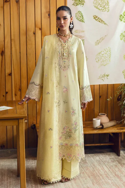Qalamkar Qlinekari Lawn Lime Yellow Jacquard – view 1 – Poshaq
