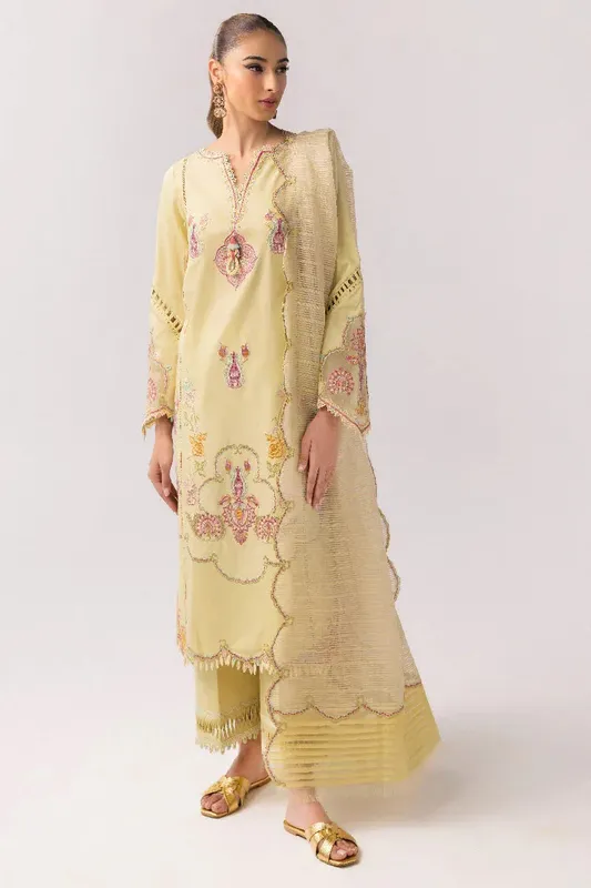 Qalamkar Basic Pret 25 Pale Yellow Jacquard – view 1 – Poshaq