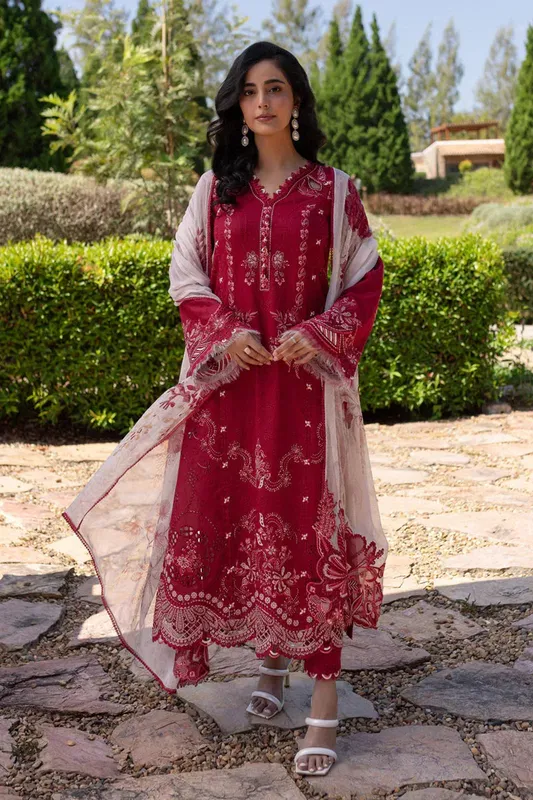 Qalamkar Q Line Lawn 25 Red Chiffon – view 1 – Poshaq