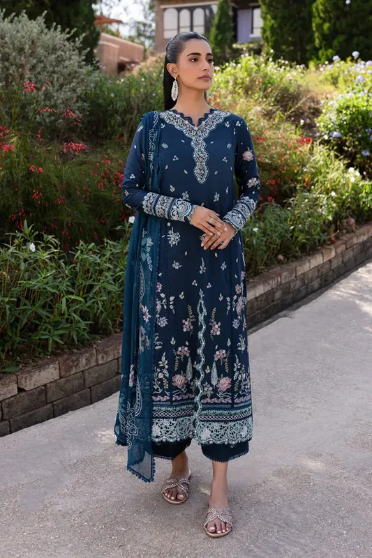 Qalamkar Q Line Lawn 25 Navy Blue Chiffon – view 1 – Poshaq