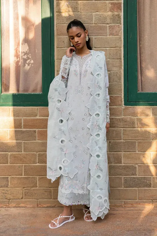 Qalamkar Q Line Lawn 25 Ice Blue Lawn – view 1 – Poshaq