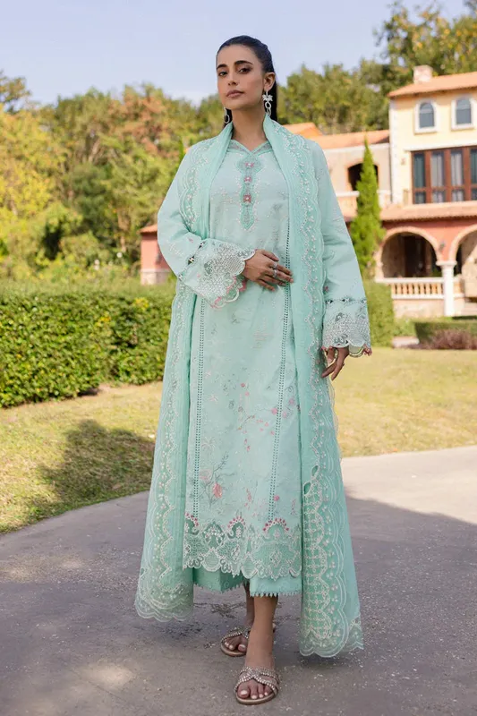 Qalamkar Q Line Lawn 25 Light Ferozi Lawn – view 1 – Poshaq
