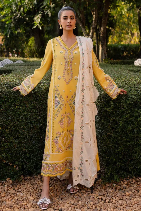 Qalamkar Q Line Lawn 25 Yellow Lawn – view 1 – Poshaq