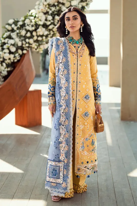 Qalamkar Sahil Luxury Lawn Mustard Yellow Cotton – view 1 – Poshaq