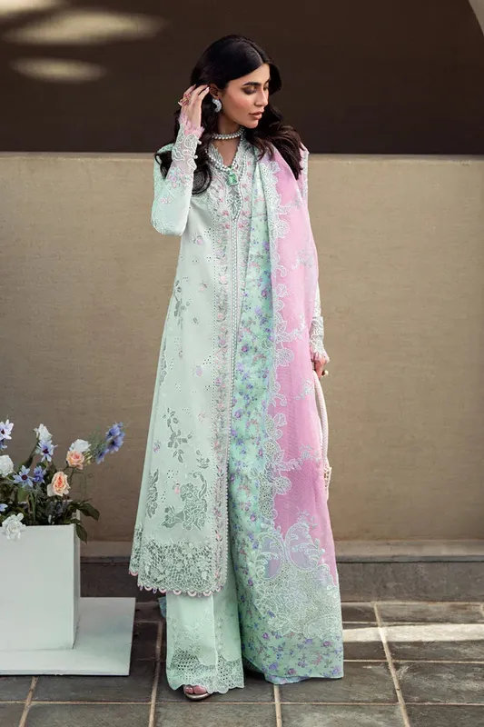 Qalamkar Sahil Luxury Lawn Light Ferozi Cotton – view 1 – Poshaq