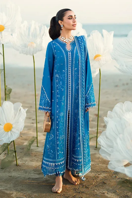 Qalamkar Sahil Luxury Lawn Blue Chiffon – view 1 – Poshaq