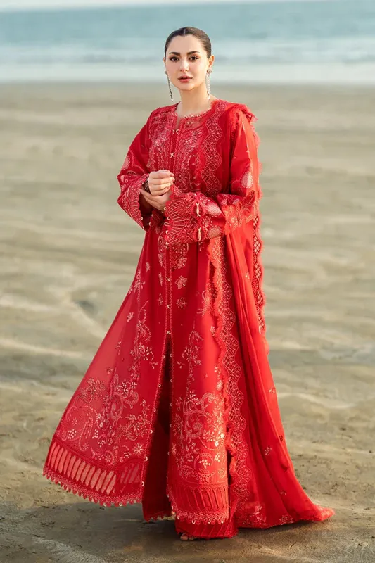 Qalamkar Sahil Luxury Lawn pale red Organza – view 1 – Poshaq