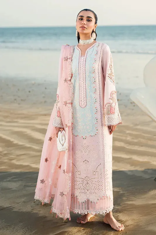 Qalamkar Sahil Luxury Lawn Light Pink Organza – view 1 – Poshaq