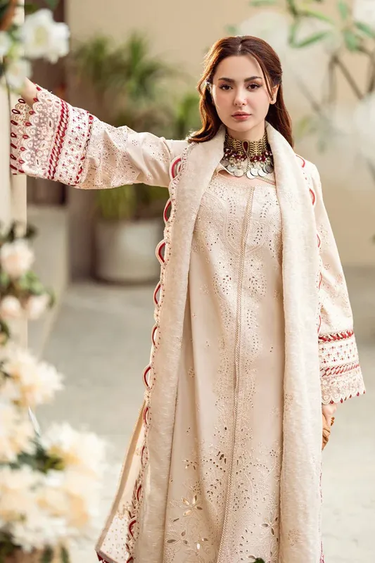 Qalamkar Sahil Luxury Lawn Beige Jacquard – view 1 – Poshaq