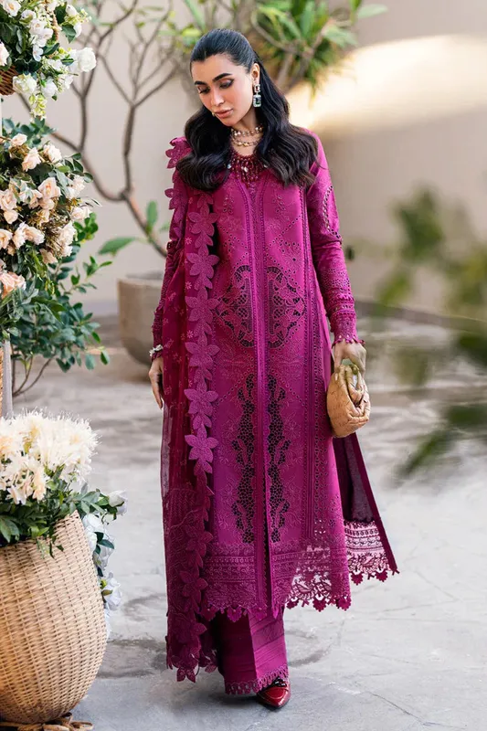 Qalamkar Sahil Luxury Lawn Pinkish Purple Chiffon – view 1 – Poshaq