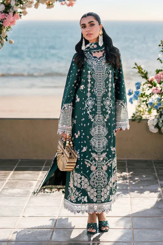 Qalamkar Sahil Luxury Lawn Teal Green Chiffon – view 1 – Poshaq