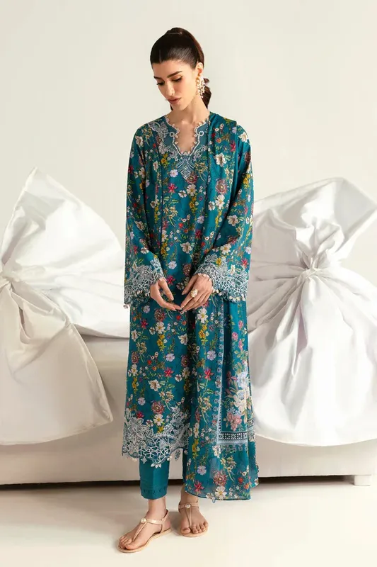 Qalamkar Q Prints 2025 Teal Lawn – view 1 – Poshaq