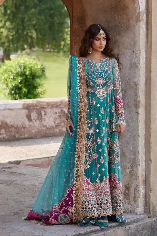 Qalamkar Shadmani Luxury Formals Teal Raw Silk – view 1 – Poshaq