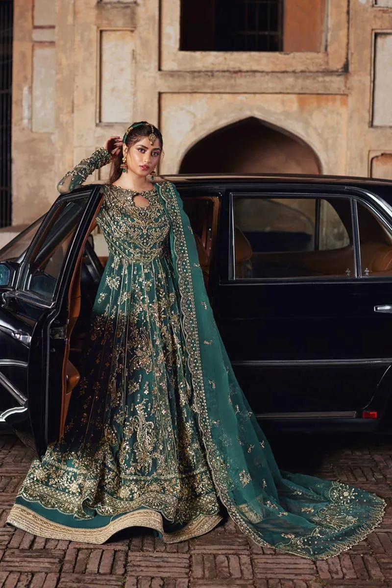 Qalamkar Shadmani Luxury Formals Dark Teal Green Raw Silk – view 1 – Poshaq