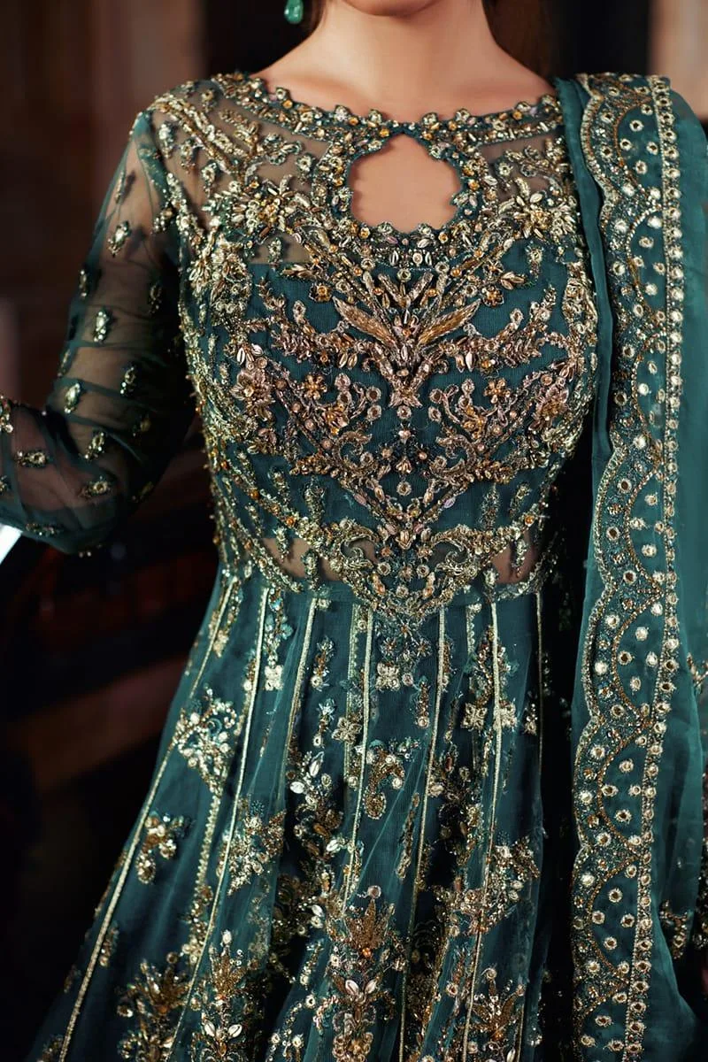 Qalamkar Shadmani Luxury Formals Dark Teal Green Raw Silk – view 3 – Poshaq