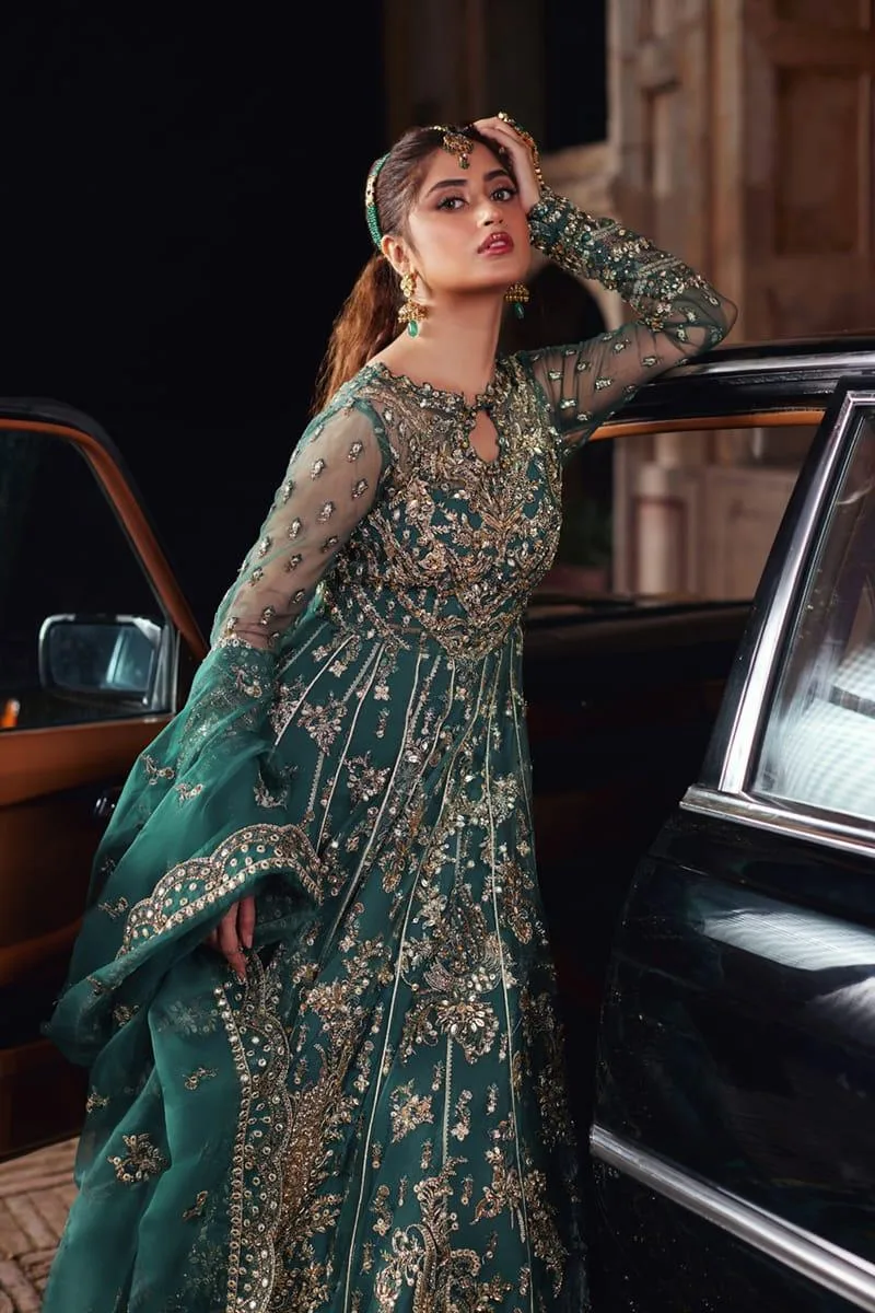 Qalamkar Shadmani Luxury Formals Dark Teal Green Raw Silk – view 4 – Poshaq