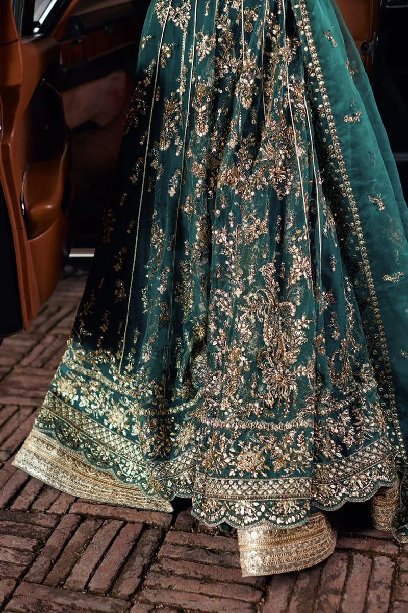 Qalamkar Shadmani Luxury Formals Dark Teal Green Raw Silk – view 5 – Poshaq