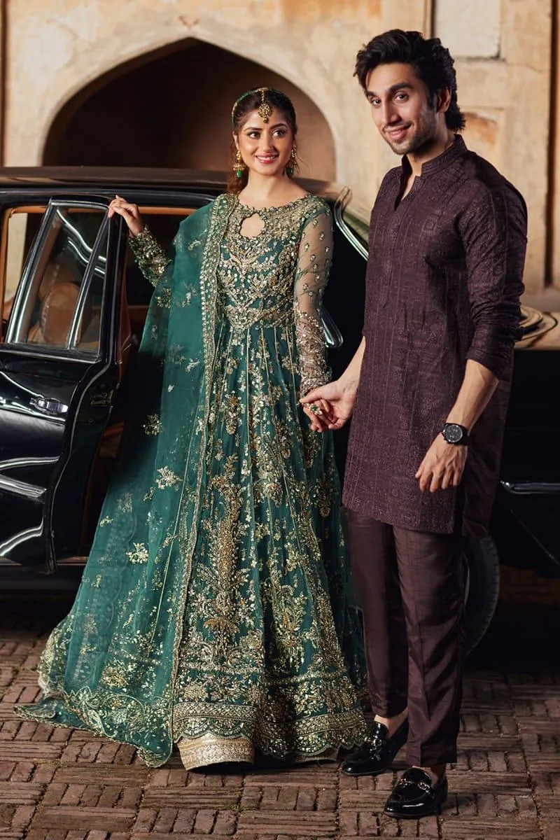 Qalamkar Shadmani Luxury Formals Dark Teal Green Raw Silk – view 6 – Poshaq