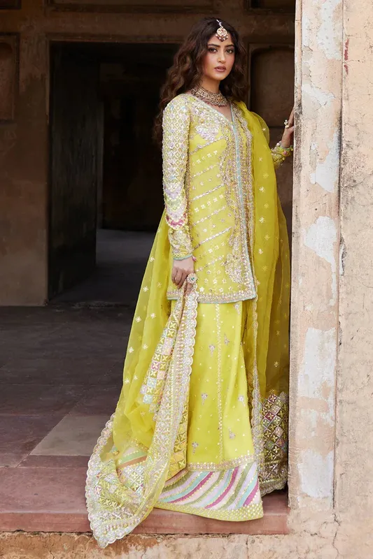 Qalamkar Shadmani Luxury Formals Maize Yellow Raw Silk – view 1 – Poshaq