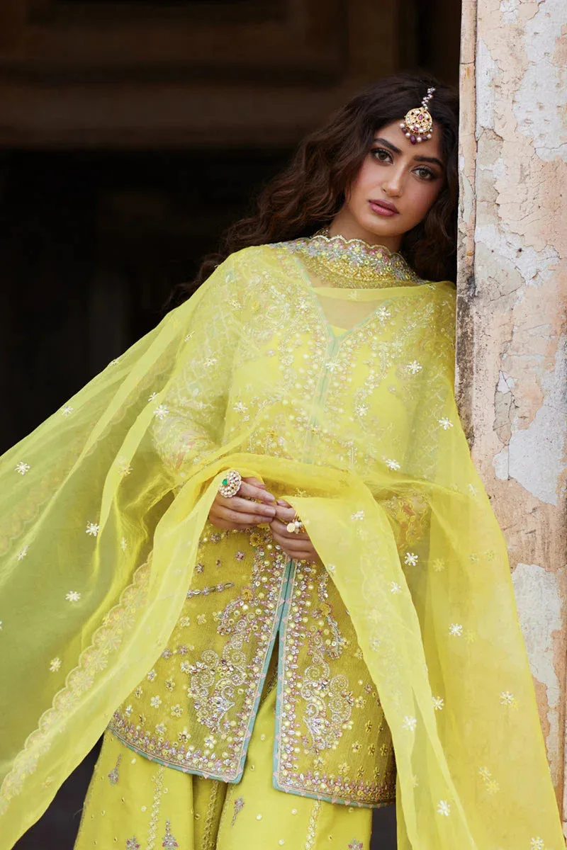 Qalamkar Shadmani Luxury Formals Maize Yellow Raw Silk – view 3 – Poshaq