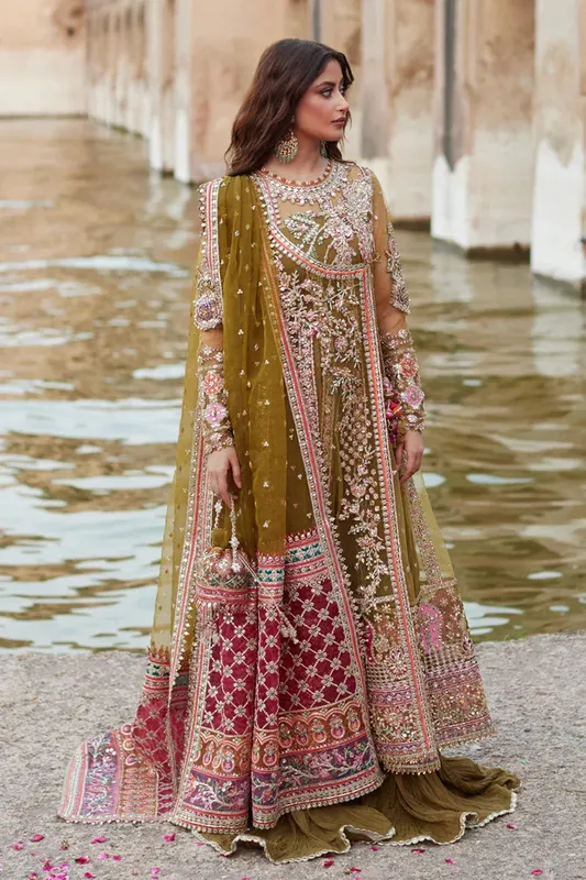 Qalamkar Shadmani Luxury Formals mendhi Raw Silk – view 1 – Poshaq