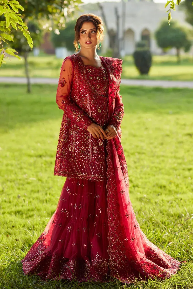 Qalamkar Shadmani Luxury Formals Haute Red Raw Silk – view 1 – Poshaq