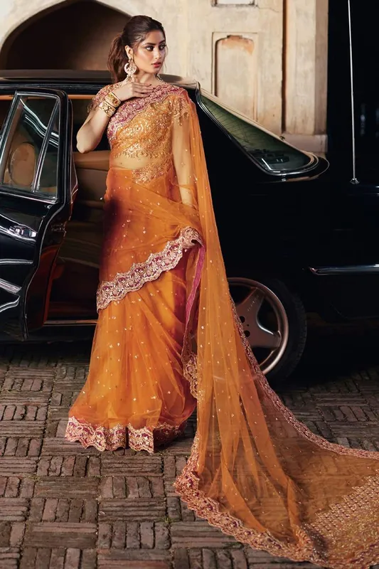 Qalamkar Shadmani Luxury Formals Orange Raw Silk – view 1 – Poshaq