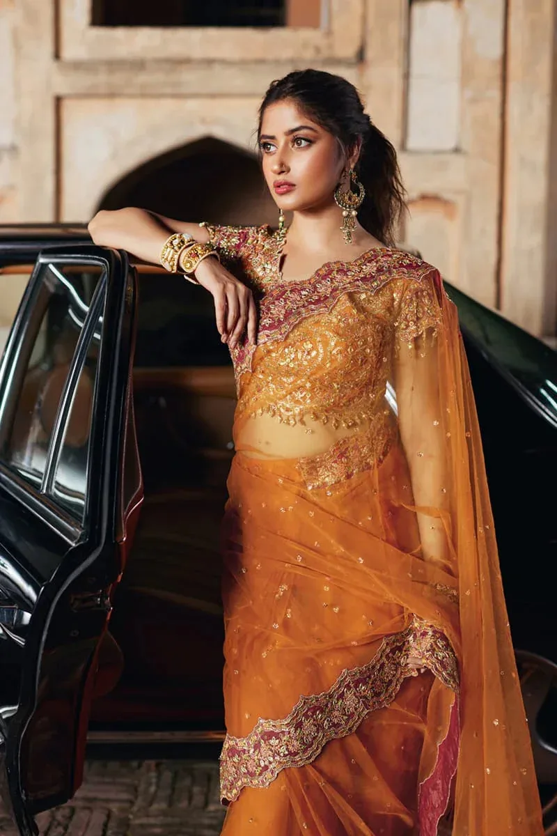 Qalamkar Shadmani Luxury Formals Orange Raw Silk – view 3 – Poshaq