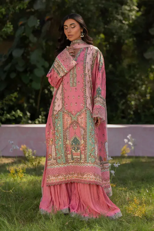 Qalamkar Luxe Silk Pink Raw Silk – view 1 – Poshaq