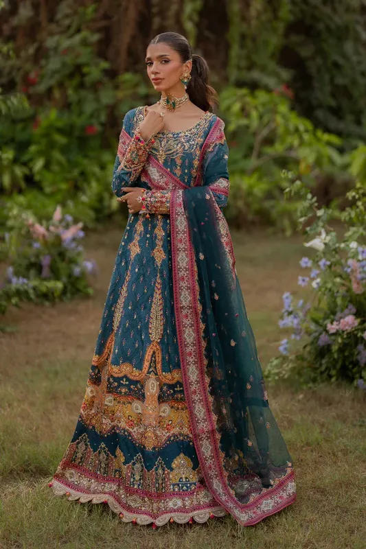 Qalamkar Luxe Silk Teal Blue Raw Silk – view 1 – Poshaq