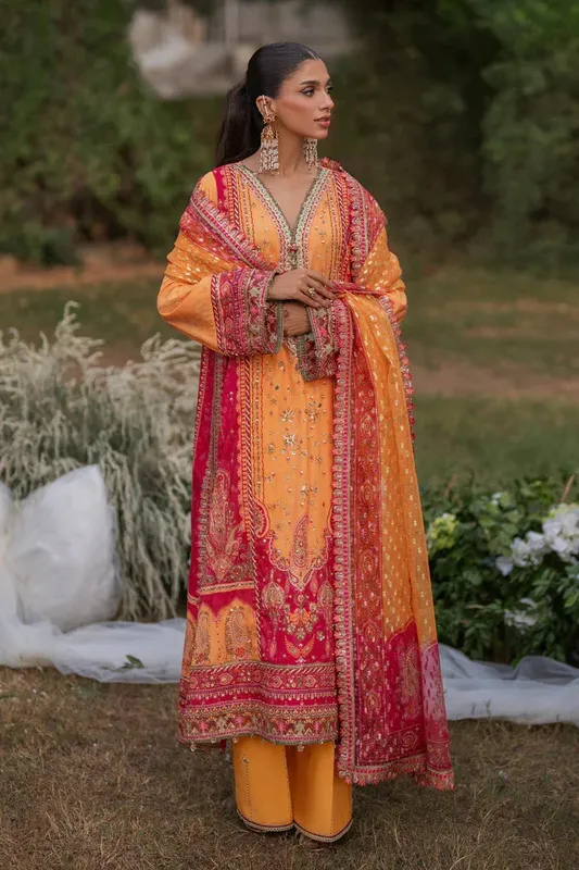 Qalamkar Luxe Silk Orange Raw Silk – view 1 – Poshaq