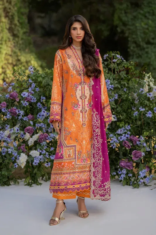 Qalamkar Luxe Silk Orange Raw Silk – view 1 – Poshaq
