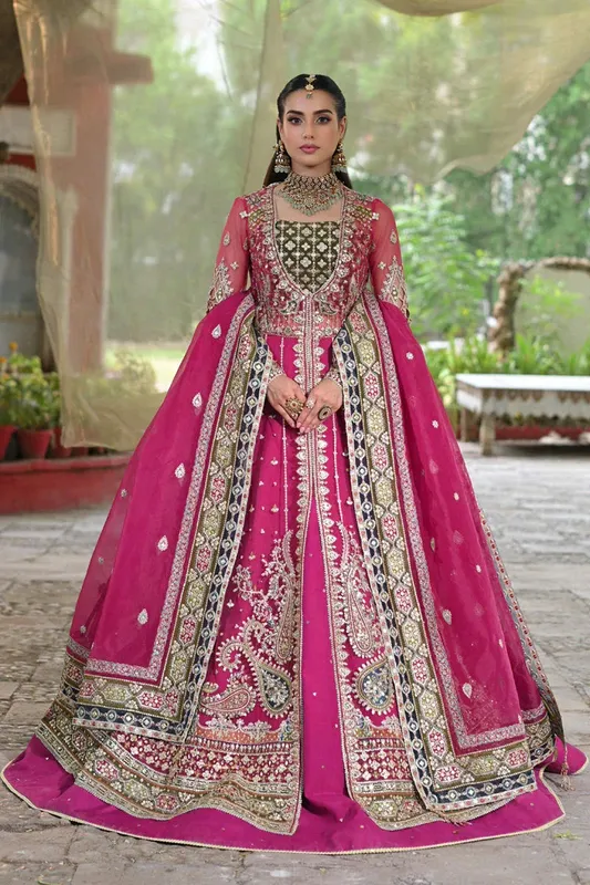 Qalamkar Singhar Wedding Collection Magenta Net – view 1 – Poshaq