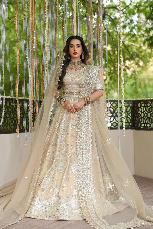 Qalamkar Singhar Wedding Collection Ivory Raw Silk – view 1 – Poshaq