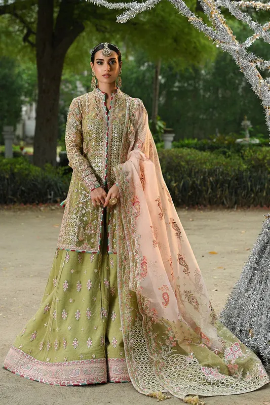 Qalamkar Singhar Wedding Collection Green Raw Silk – view 1 – Poshaq