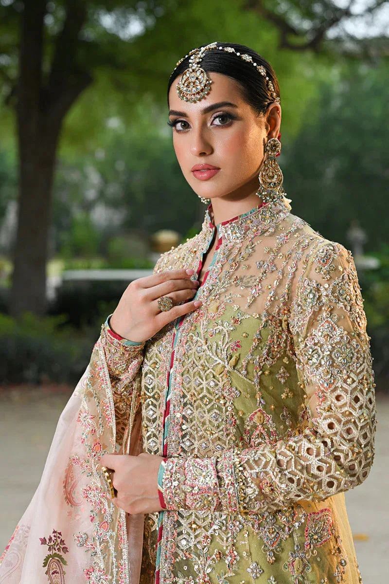 Qalamkar Singhar Wedding Collection Green Raw Silk – view 3 – Poshaq