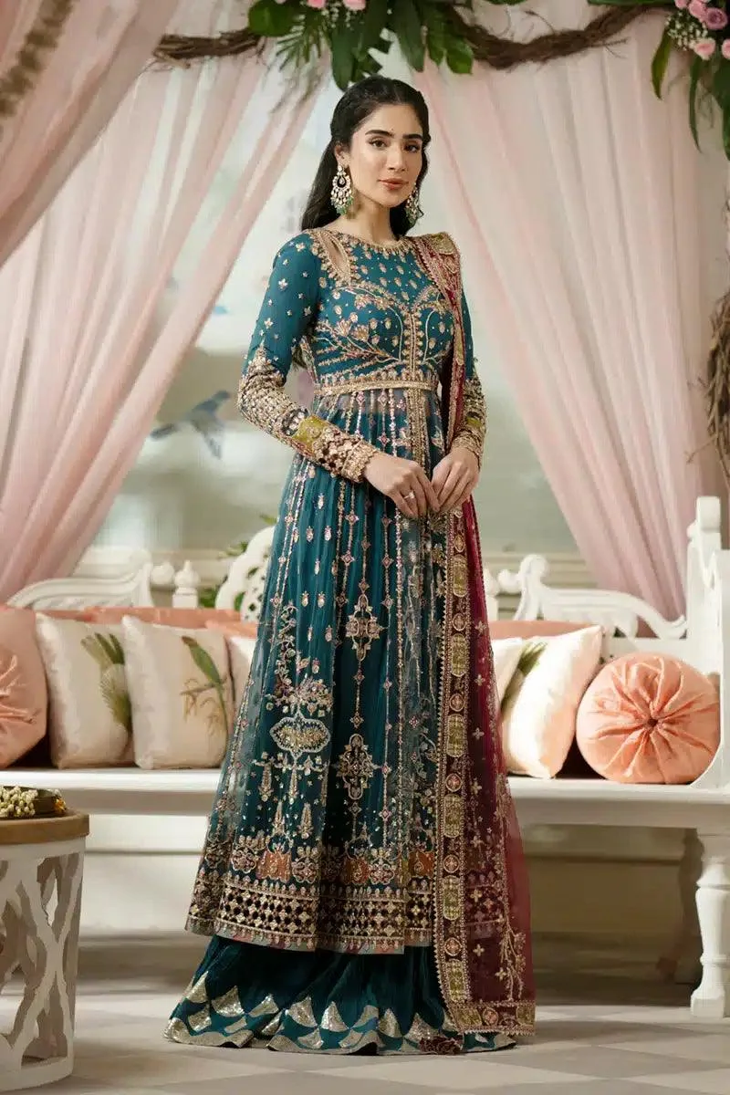 Qalamkar Dilnaz Wedding Formals Teal Raw Silk – view 1 – Poshaq