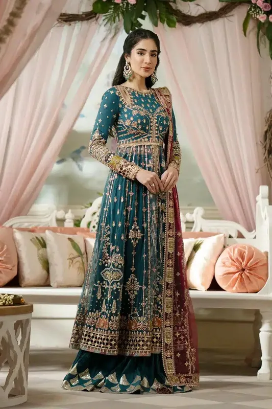 Qalamkar Dilnaz Wedding Formals Teal Raw Silk – view 1 – Poshaq