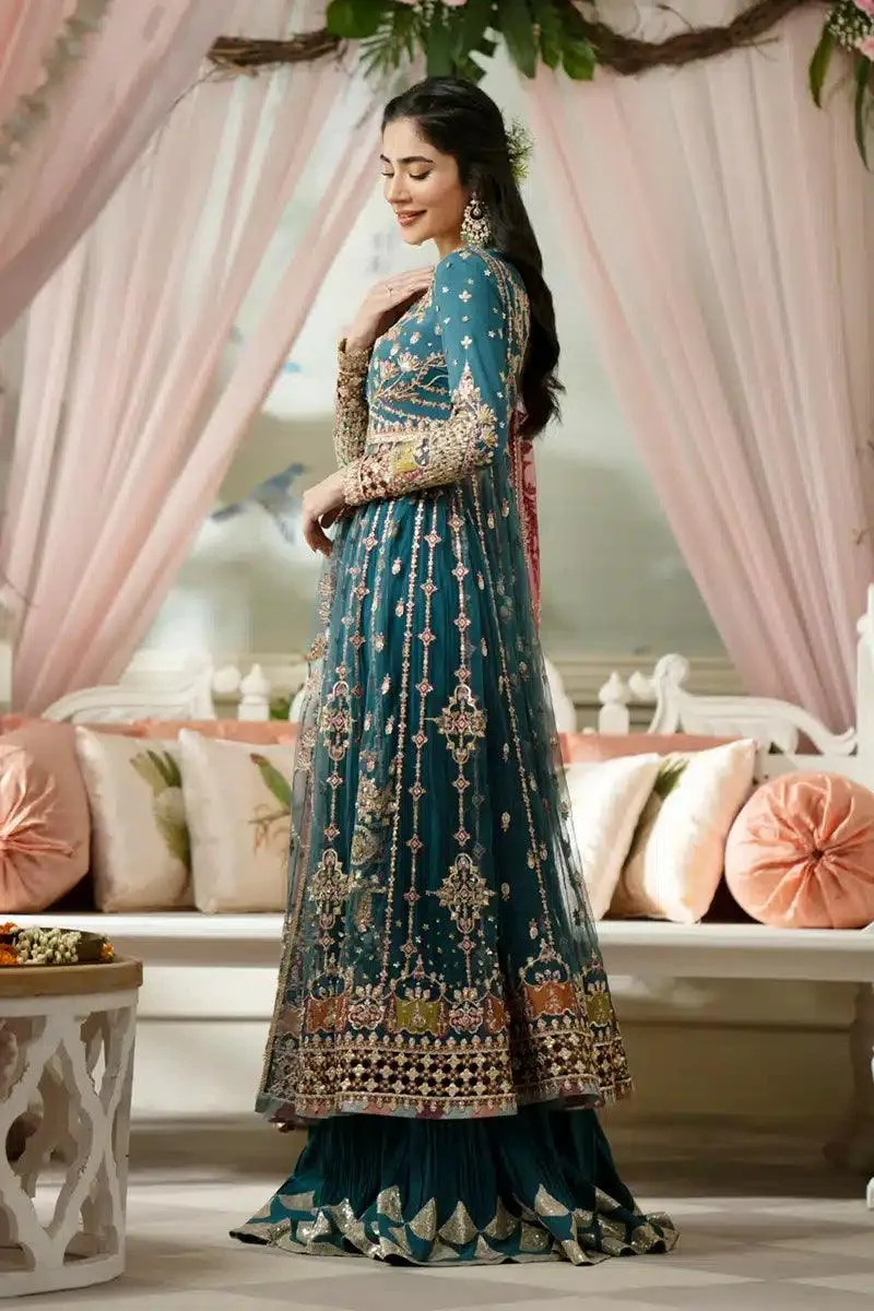 Qalamkar Dilnaz Wedding Formals Teal Raw Silk – view 2 – Poshaq