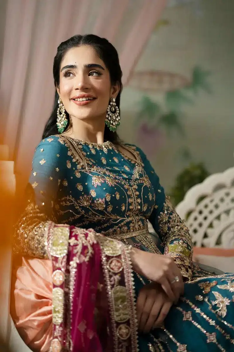 Qalamkar Dilnaz Wedding Formals Teal Raw Silk – view 6 – Poshaq