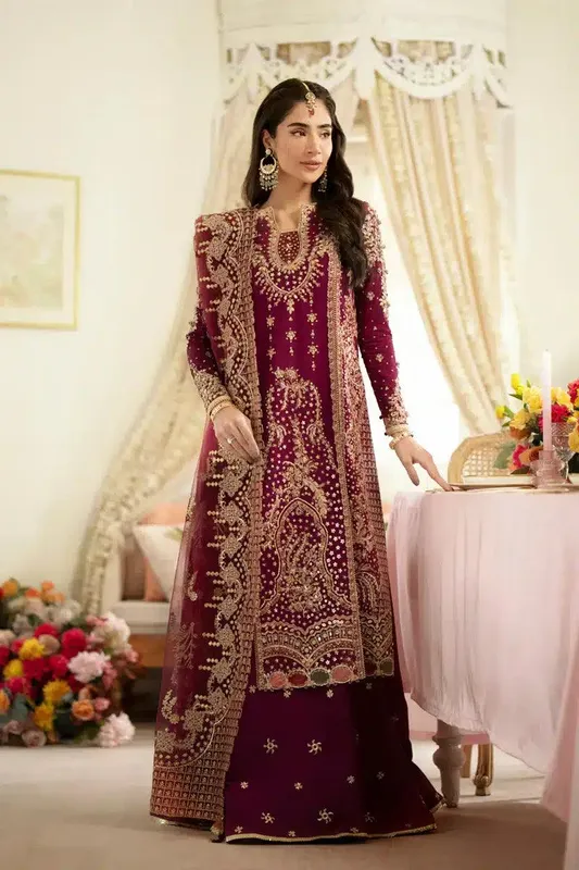 Qalamkar Dilnaz Wedding Formals Magenta Raw Silk – view 1 – Poshaq