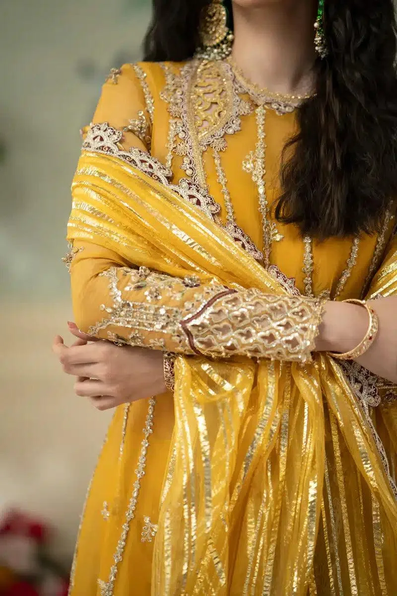 Qalamkar Dilnaz Wedding Formals Yellow Raw Silk – view 4 – Poshaq