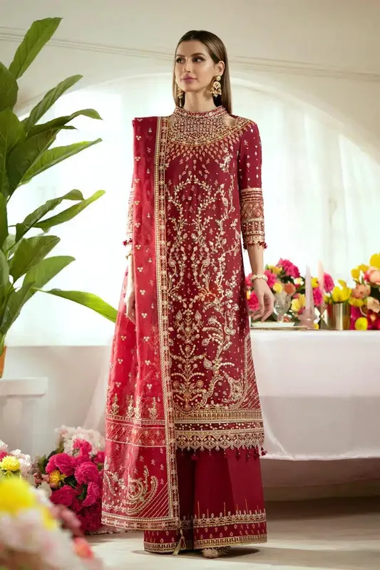 Qalamkar Dilnaz Wedding Formals Red Raw Silk – view 1 – Poshaq
