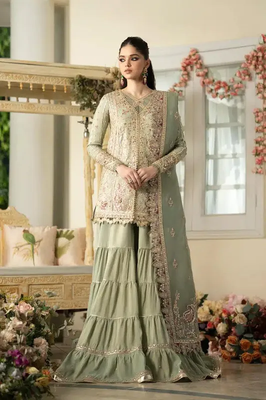 Qalamkar Dilnaz Wedding Formals Green Raw Silk – view 1 – Poshaq