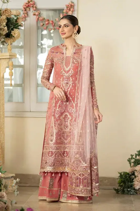 Qalamkar Dilnaz Wedding Formals Pink Raw Silk – view 1 – Poshaq