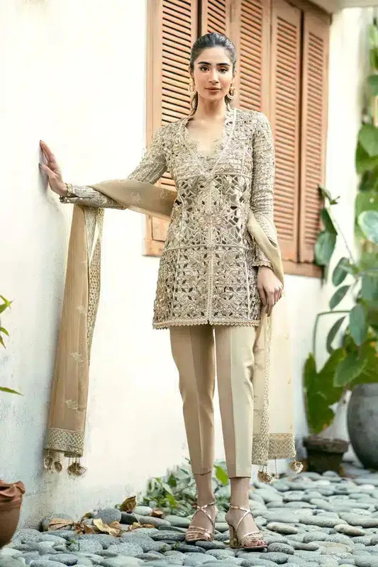 Qalamkar Couture 23 Beige Raw Silk – view 1 – Poshaq