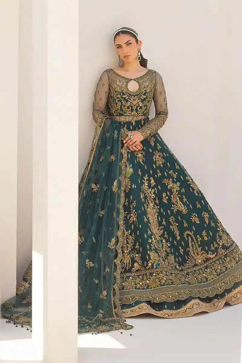 Qalamkar Couture 23 Green Raw Silk – view 1 – Poshaq