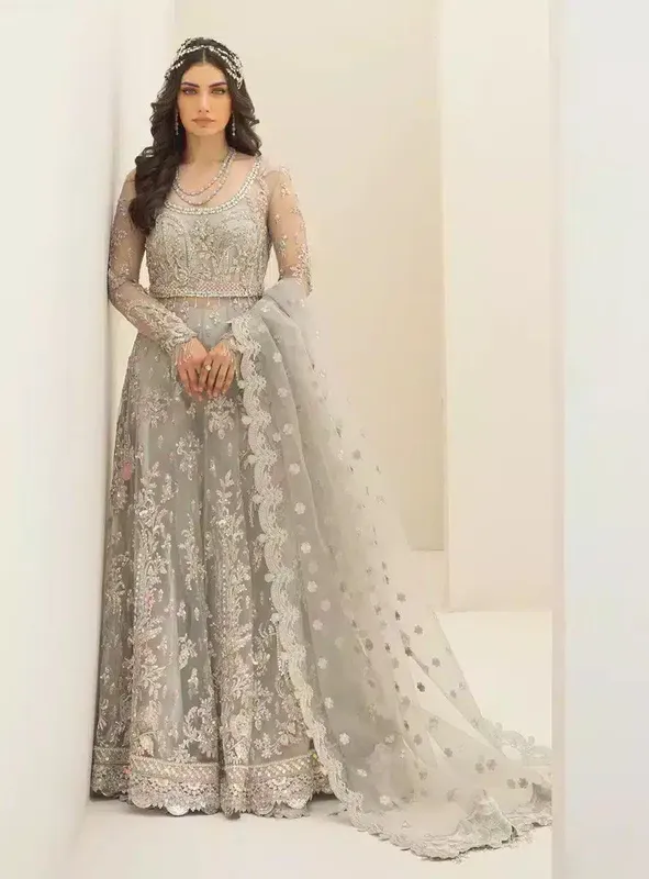 Qalamkar Couture 23 Grey Raw Silk – view 1 – Poshaq