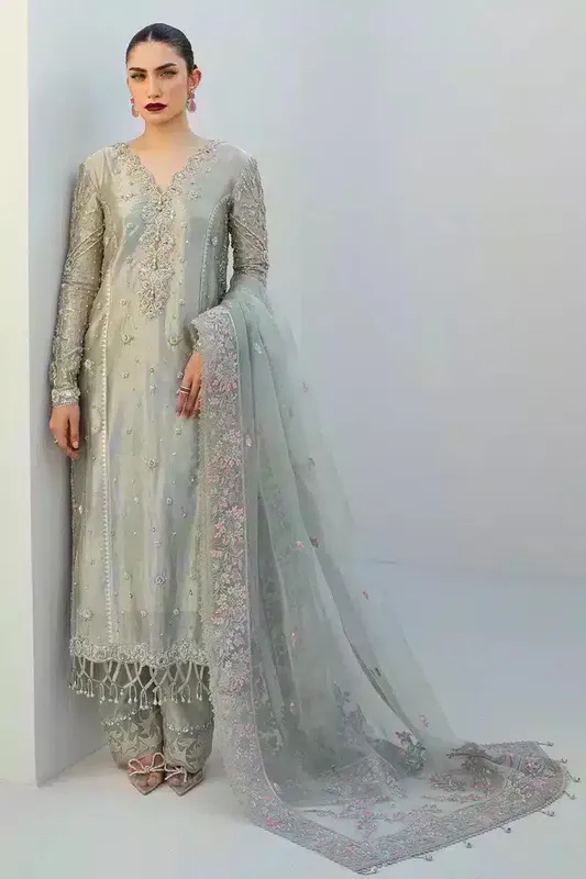 Qalamkar Couture 23 Grey Raw Silk – view 1 – Poshaq